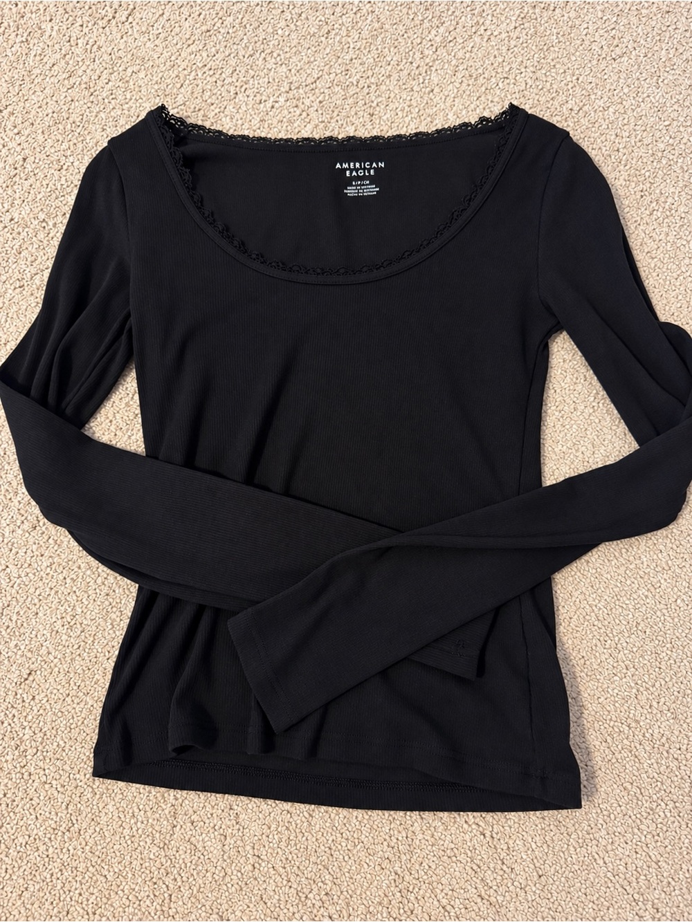 American Eagle Outfitters Black Ribbed Long-Sleeve Scoop Neck Top with Lace Trim